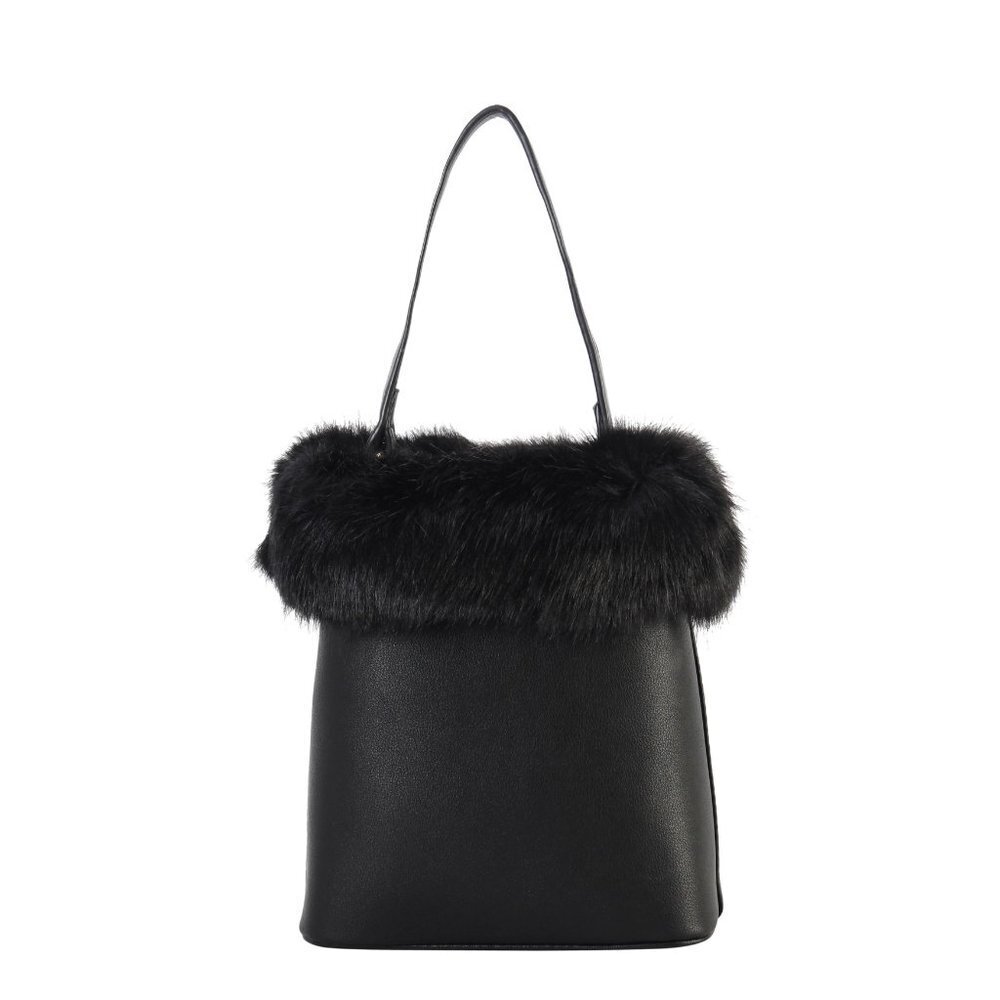 Diophy Women's Top Handle Black Leather Fur Trim Bucket Purse